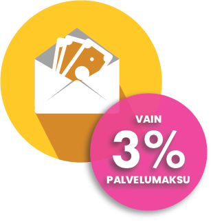Kirjekuori, jossa seteleitä keltaisella taustalla, vieressä pinkki “Vain 3 % palvelumaksu” -merkintä